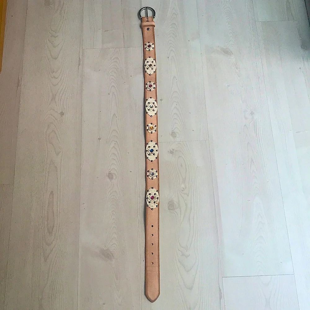 Linea Pelle Studded Leather Belt Y2K Western Boho Hippie Solid Brass